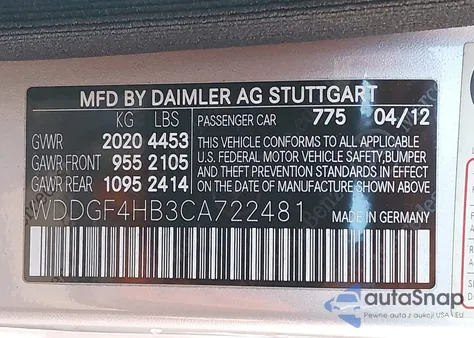 2012 Mercedes-Benz C 250 Sport z USA, uszkodzony, nr VIN WDDGF4HB3CA722481